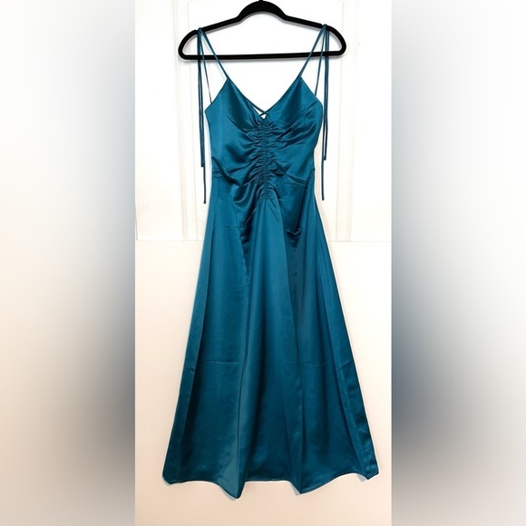 Jason Wu Teal Turquoise Satin Tie Strap low black slip midi dress ruched XS - Picture 11 of 14